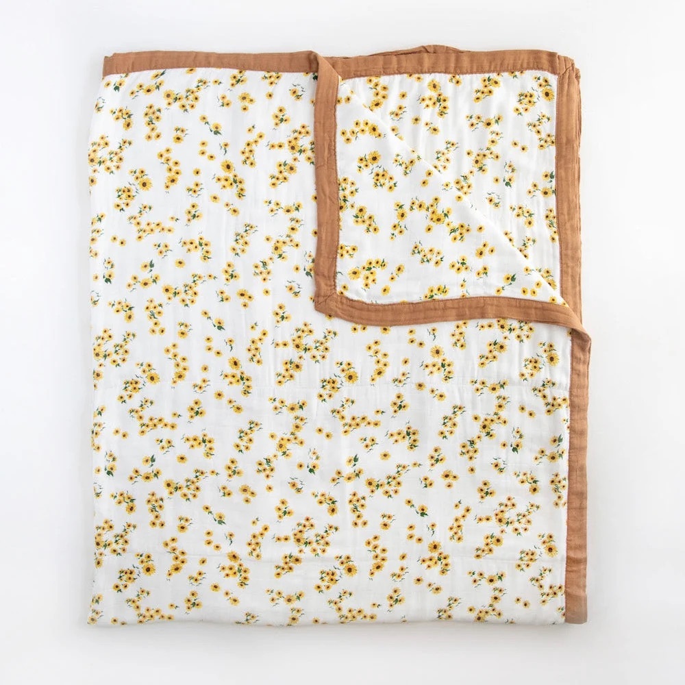 Little Unicorn Deluxe Muslin Quilted Throw | Large | Ditsy Sunflower Pattern
